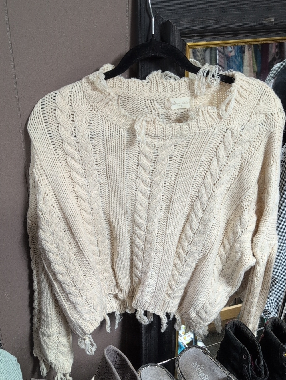 Altar'd State Distressed Cream Cable-Knit Cropped Sweater